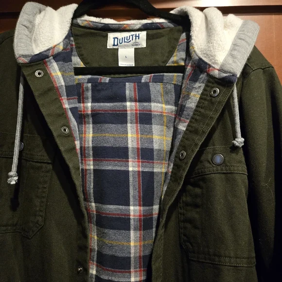 Duluth Trading Co Green Hooded Jacket with Plaid Interior - Picture 2 of 4